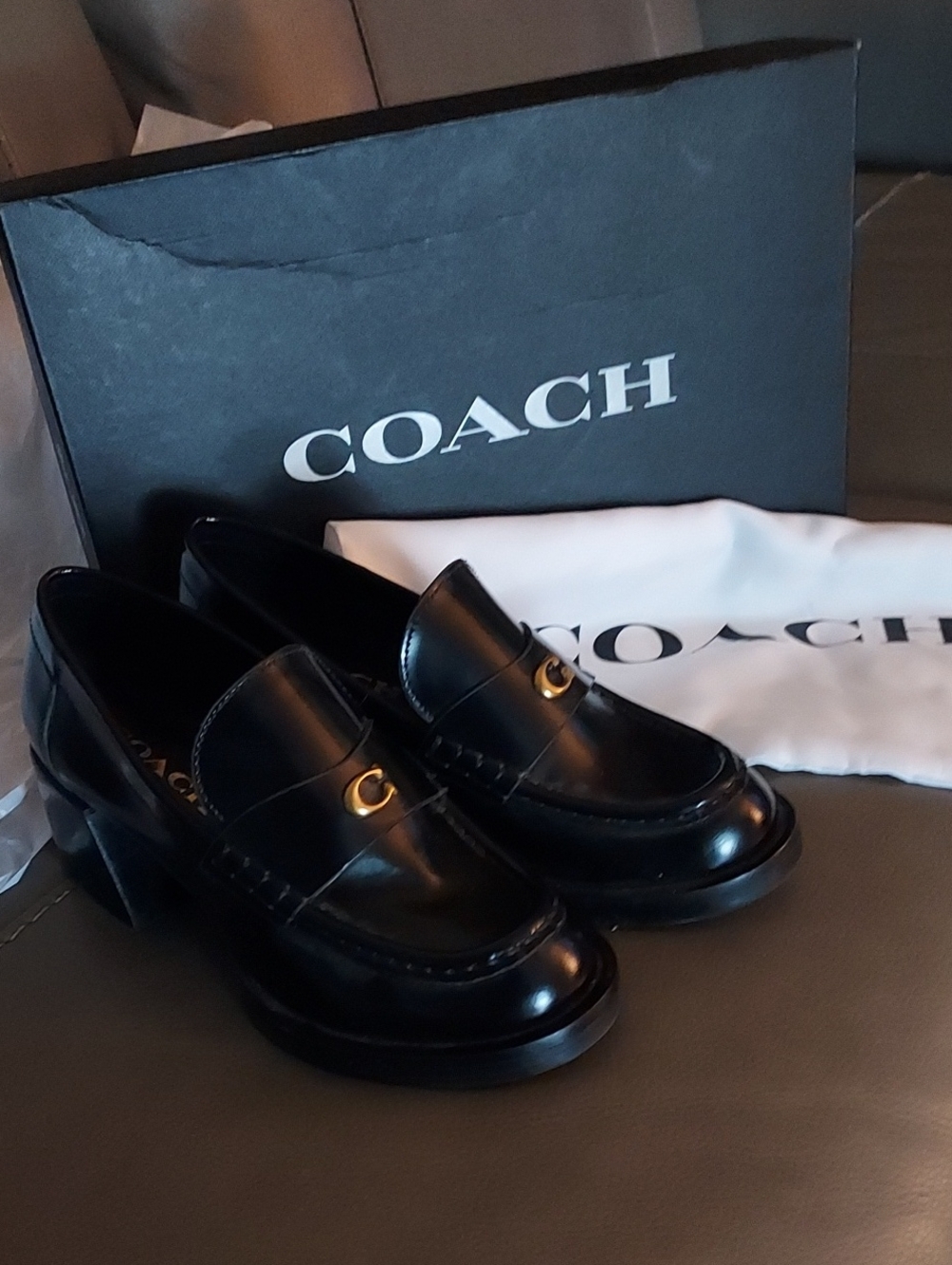 Coach Natalie Black Leather Gold Bit 2 Inch Heeled Loafers With Dust Bag and Box